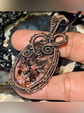 Copper Wire-wrapped “The Stone of Love” Rhodonite Pendant 2 1/2”